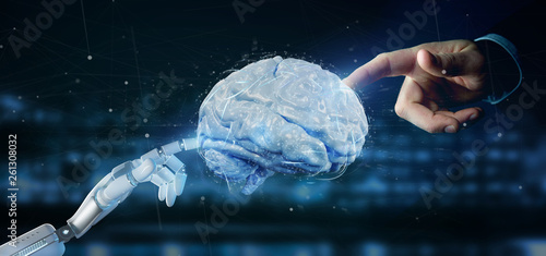 Cyborg hand holding a  artificial brain 3d rendering