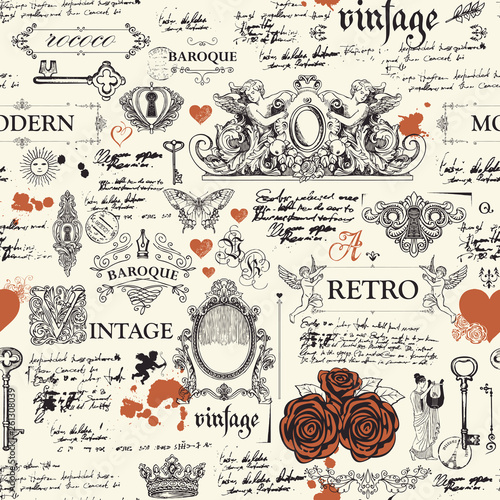 Vector seamless pattern, hand drawn background on the theme of vintage art objects, furniture and Antiques in retro style. Wallpaper, wrapping paper, textile, fabric or background for clothes