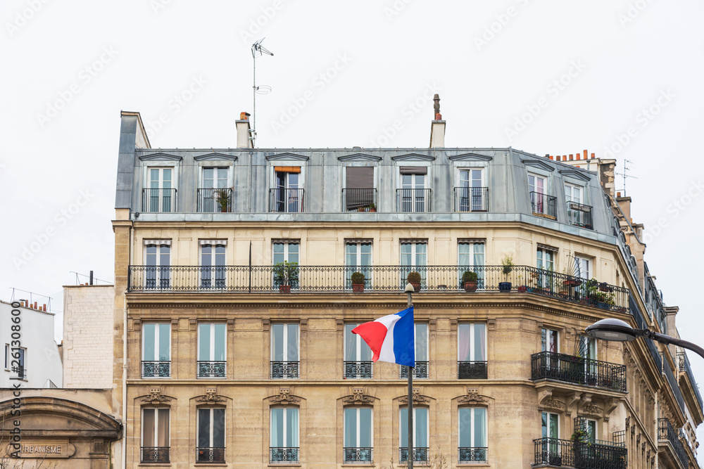 PARIS, FRANCE - MARCH 31, 2019: French flag, Paris, France