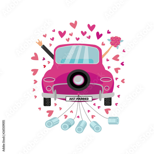 Newlywed couple is driving vintage pink car for their honeymoon and cans attached. Bride groom car with hand with bouquet sticking out of window . Vector flat cartoon round concept with many hearts