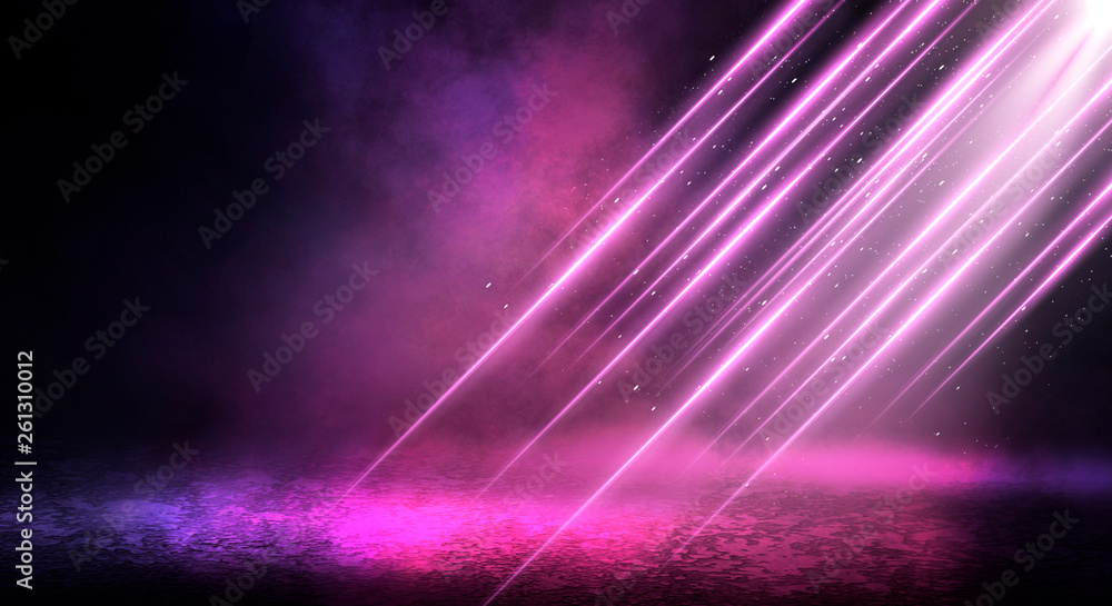 Ultraviolet background of empty foggy street with wet asphalt, illuminated by a searchlight, laser beams, smoke