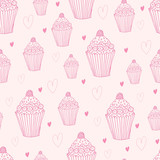Seamless pattern with cupcake and heart. Doodle style hand drawn vector background.