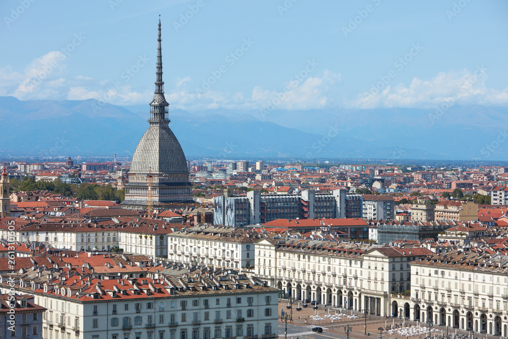 Mole Antonelliana tower and Vittorio square view in Turin in a sunny summer day in Italy