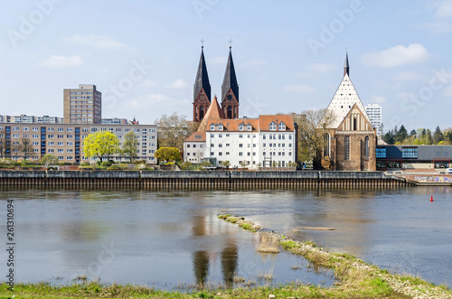  Oder River with the church Friedenskirche and the Bach Concert Hall in Frankfurt (Oder)