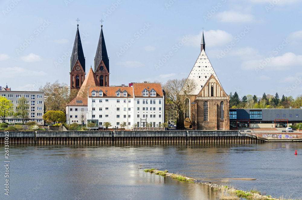  Oder River with the church Friedenskirche and the Bach Concert Hall in Frankfurt (Oder)