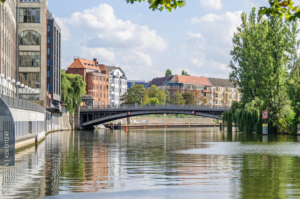 Banks of the River Spree with the bridge Gotzkowskybruecke in Berlin, Germany