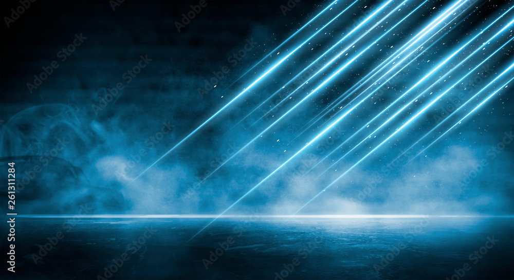 Blue dark background of empty foggy street with wet asphalt, illuminated by a searchlight, laser beams, smoke