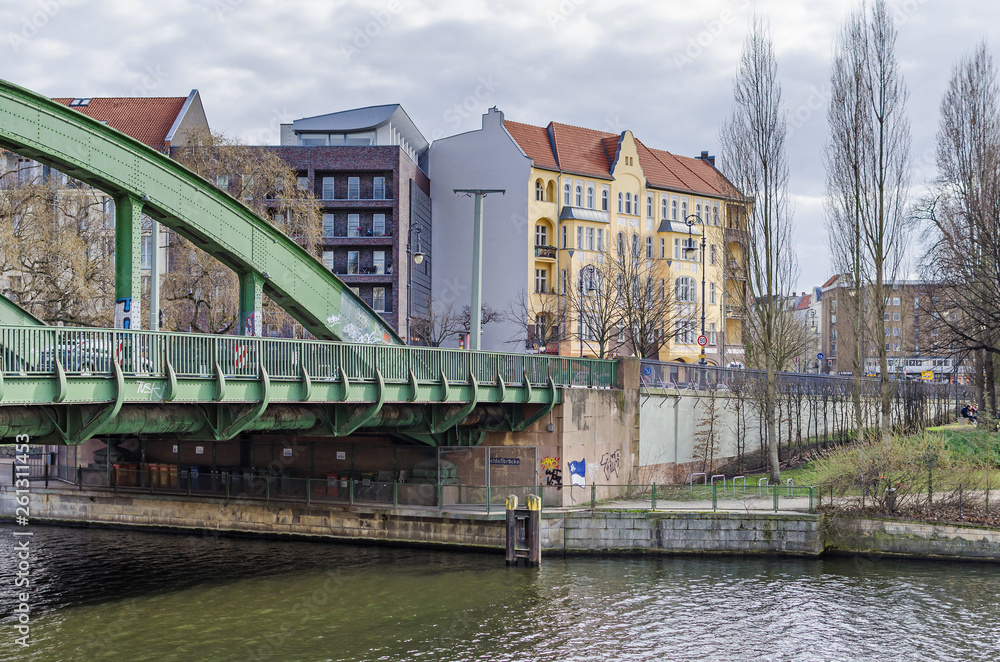 Banks of the River Spree Charlottenburgerufer with the bridge Schlossbruecke and the street Luisenplatz in Berlin
