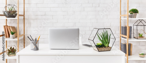 Cozy workplace. Laptop and florariums with succulent plants © Prostock-studio