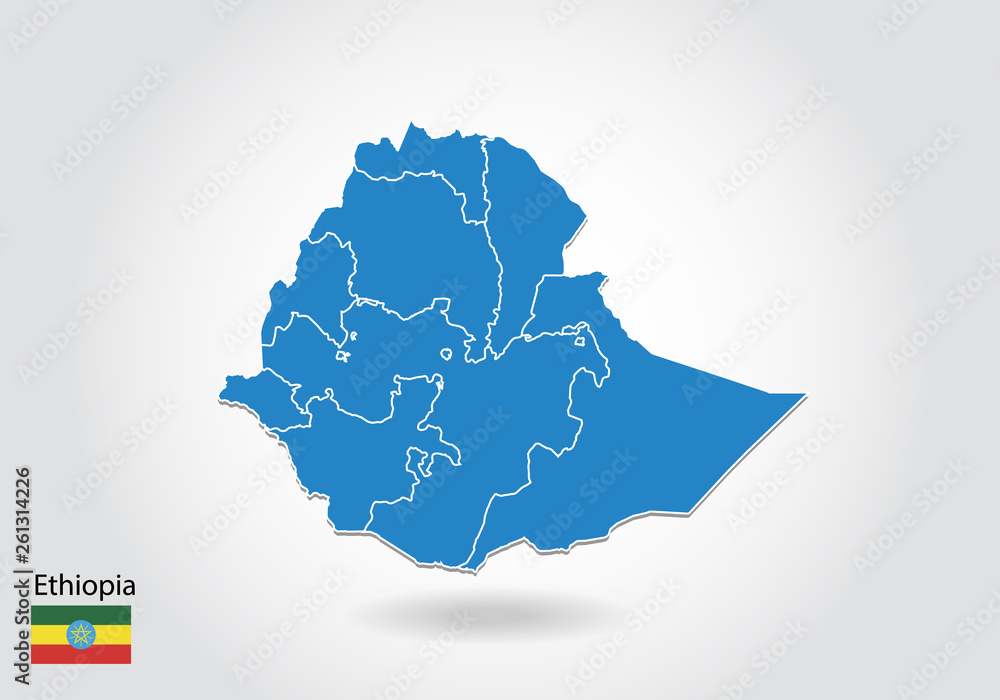 ethiopia map design with 3D style. Blue ethiopia map and National flag. Simple vector map with contour, shape, outline, on white.