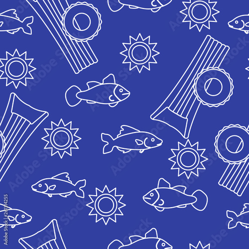 Pattern with fish, sun, inflatable mattress.