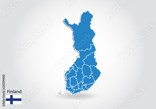 finland map design with 3D style. Blue finland map and National flag. Simple vector map with contour, shape, outline, on white.