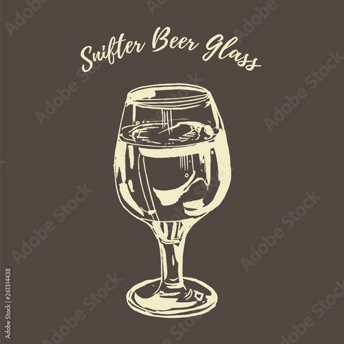 Full beer stemmed snifter glass of pale lager of pils isolated on blackboard background. White chalk vector hand drawn illustration