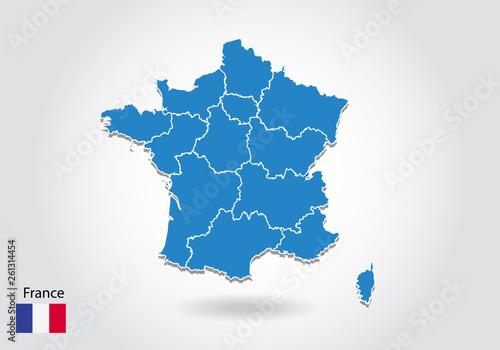 france map design with 3D style. Blue france map and National flag. Simple vector map with contour, shape, outline, on white.