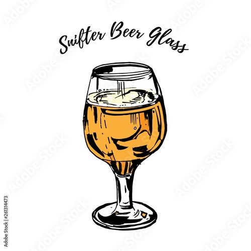 Full beer stemmed snifter glass of pale lager of pils isolated on white background. Vector hand drawn ink illustration