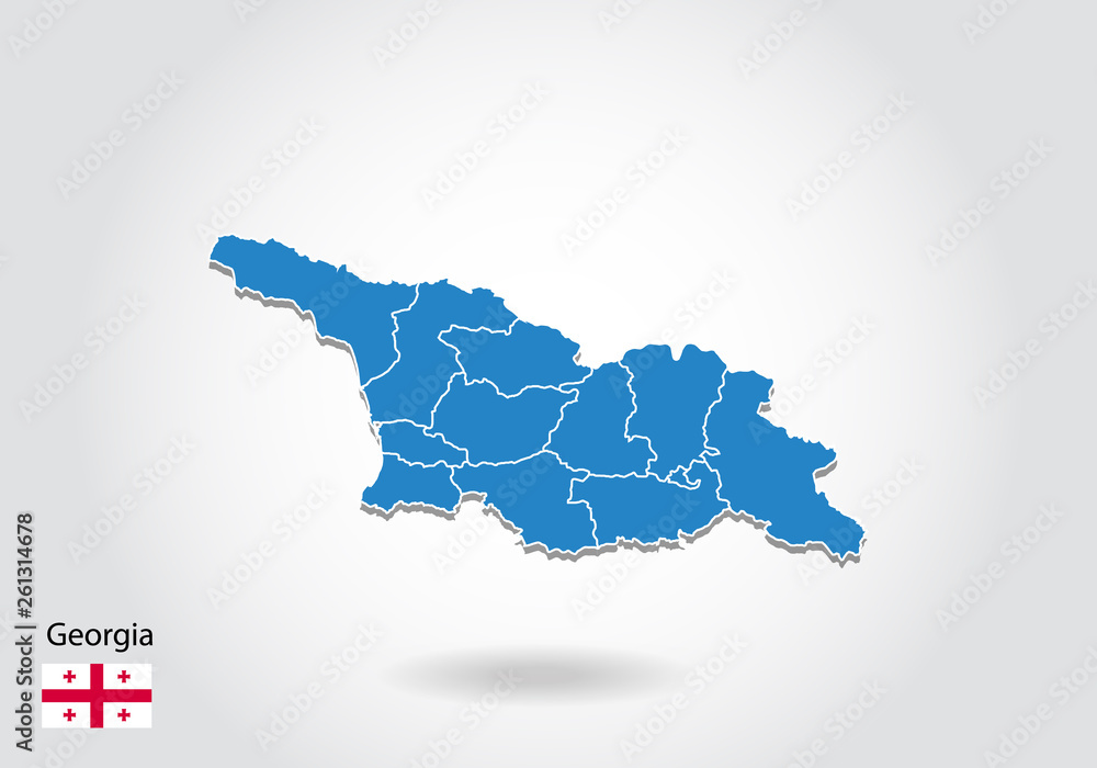 georgia map design with 3D style. Blue georgia map and National flag. Simple vector map with contour, shape, outline, on white.