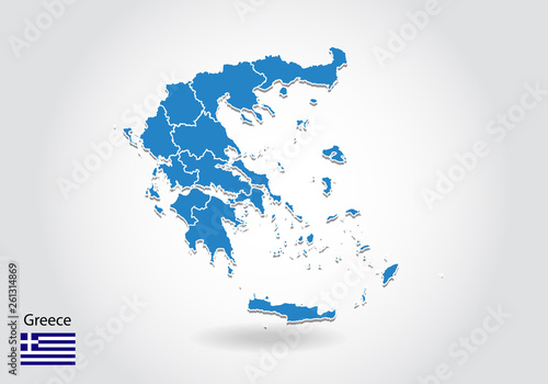 greece map design with 3D style. Blue greece map and National flag. Simple vector map with contour, shape, outline, on white.