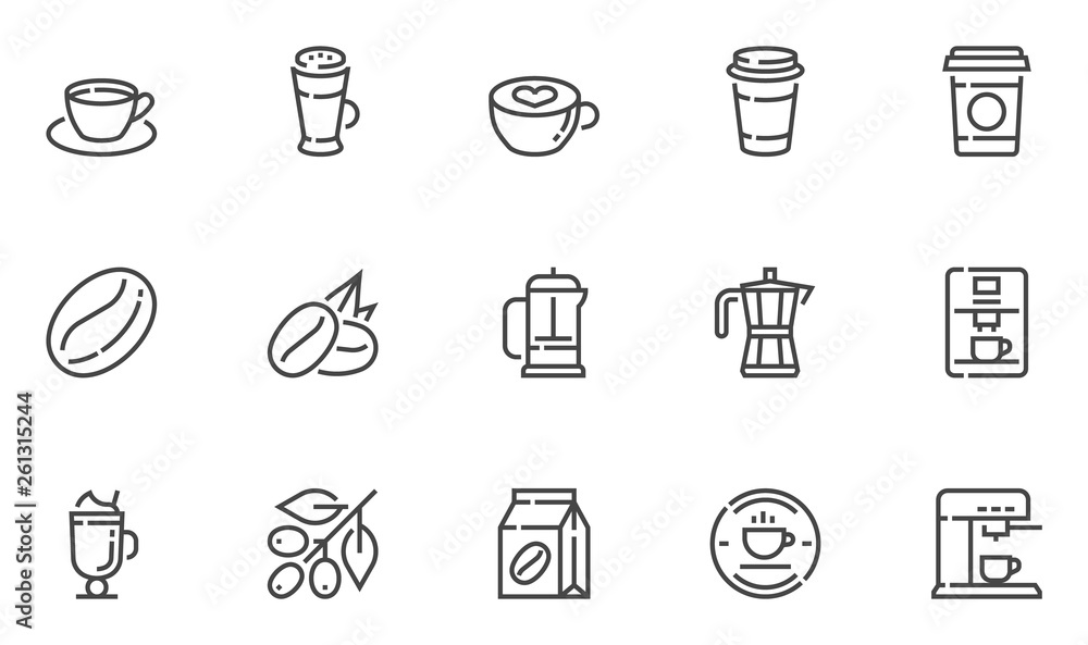 Coffee Vector Line Icons Set. Coffee Bean, Coffee Berry, Coffee Machine, Latte, Cappuccino, French Press. Editable Stroke. 48x48 Pixel Perfect.