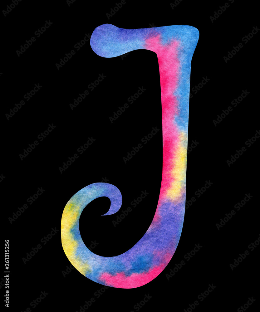 Hand painted watercolor english letter J whit gentel pink, blue, purple and yellow splashes Hand painted watercolor english letter J whit gentel pink, blue, purple and yellow splashes