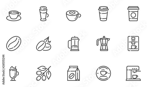 Coffee Vector Line Icons Set. Coffee Bean, Coffee Berry, Coffee Machine, Latte, Cappuccino, French Press. Editable Stroke. 48x48 Pixel Perfect.