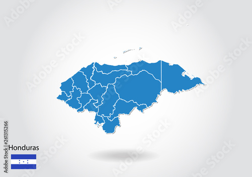 honduras map design with 3D style. Blue honduras map and National flag. Simple vector map with contour, shape, outline, on white.