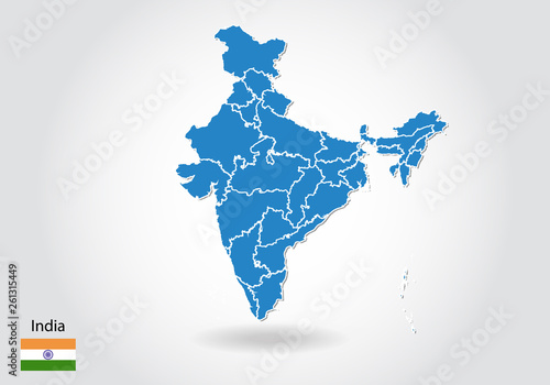 india map design with 3D style. Blue india map and National flag. Simple vector map with contour, shape, outline, on white.