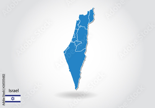 israel map design with 3D style. Blue israel map and National flag. Simple vector map with contour, shape, outline, on white.