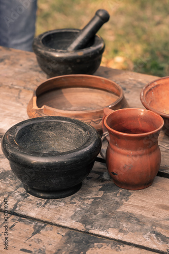 laboratory ancient herbalist mortar ceramic black bowl jug clay set of inventory © Kai Beercrafter