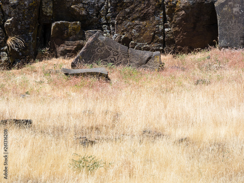 Ancient Native American petroglyphs in Columbia Hills State Park, WA, USA photo