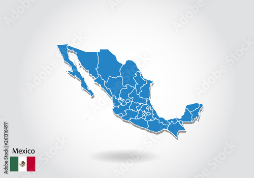 Mexico map design with 3D style. Blue Mexico map and National flag. Simple vector map with contour, shape, outline, on white.