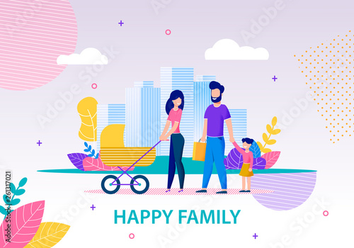 Happy Family Walking in City Flat Banner Template
