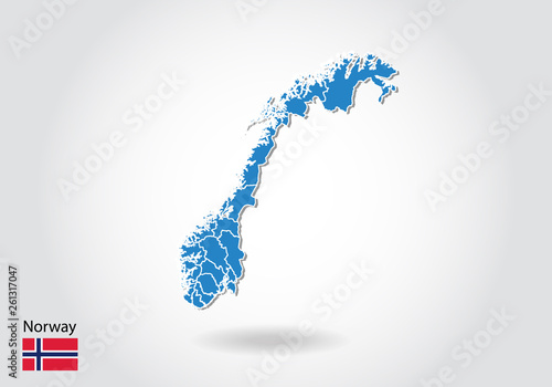 Norway map design with 3D style. Blue Norway map and National flag. Simple vector map with contour, shape, outline, on white.