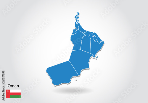 oman map design with 3D style. Blue oman map and National flag. Simple vector map with contour, shape, outline, on white.