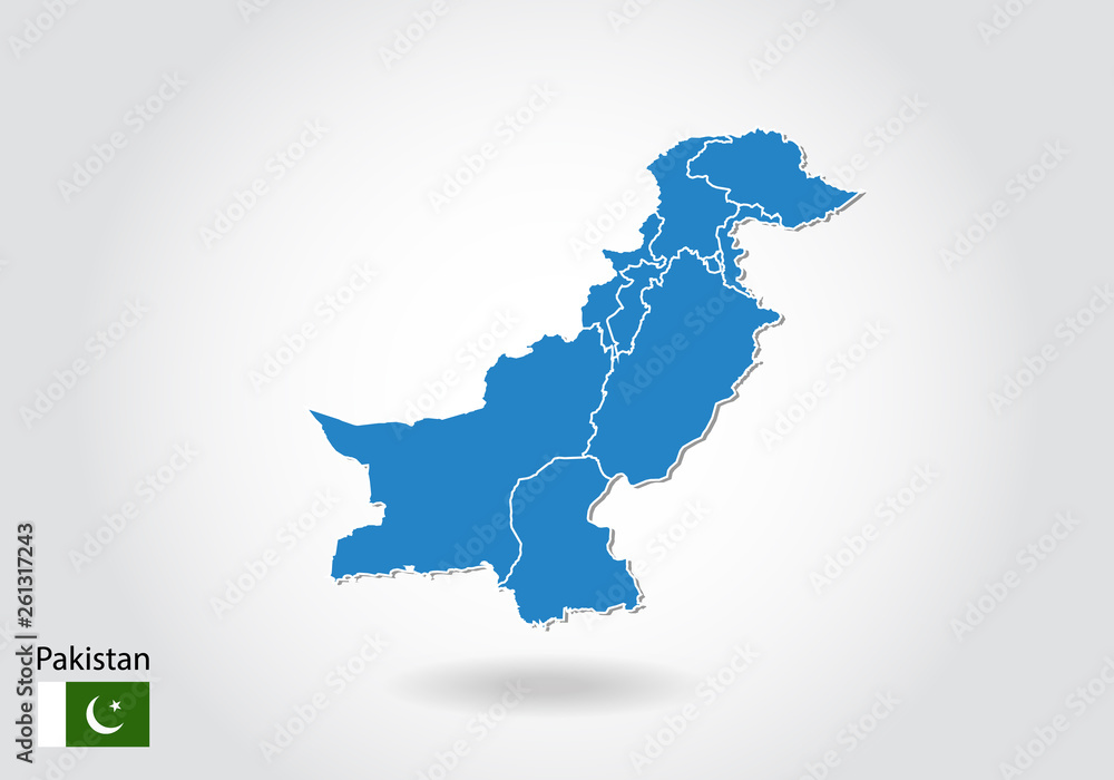Pakistan map design with 3D style. Blue Pakistan map and National flag. Simple vector map with contour, shape, outline, on white.