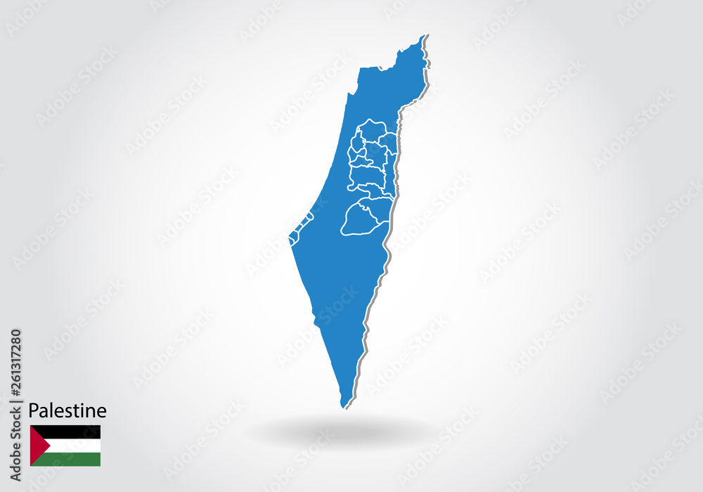 Palestine map design with 3D style. Blue Palestine map and National