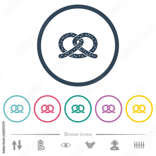 Salted pretzel flat color icons in round outlines
