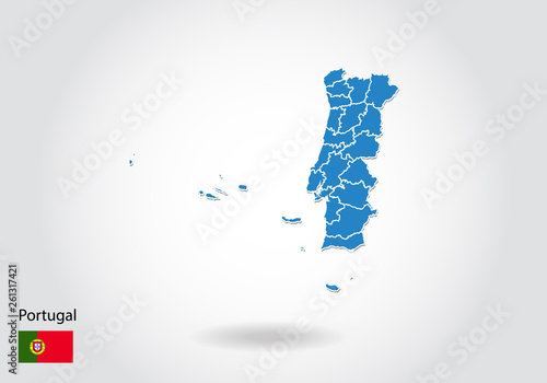 Portugal map design with 3D style. Blue Portugal map and National flag. Simple vector map with contour, shape, outline, on white.