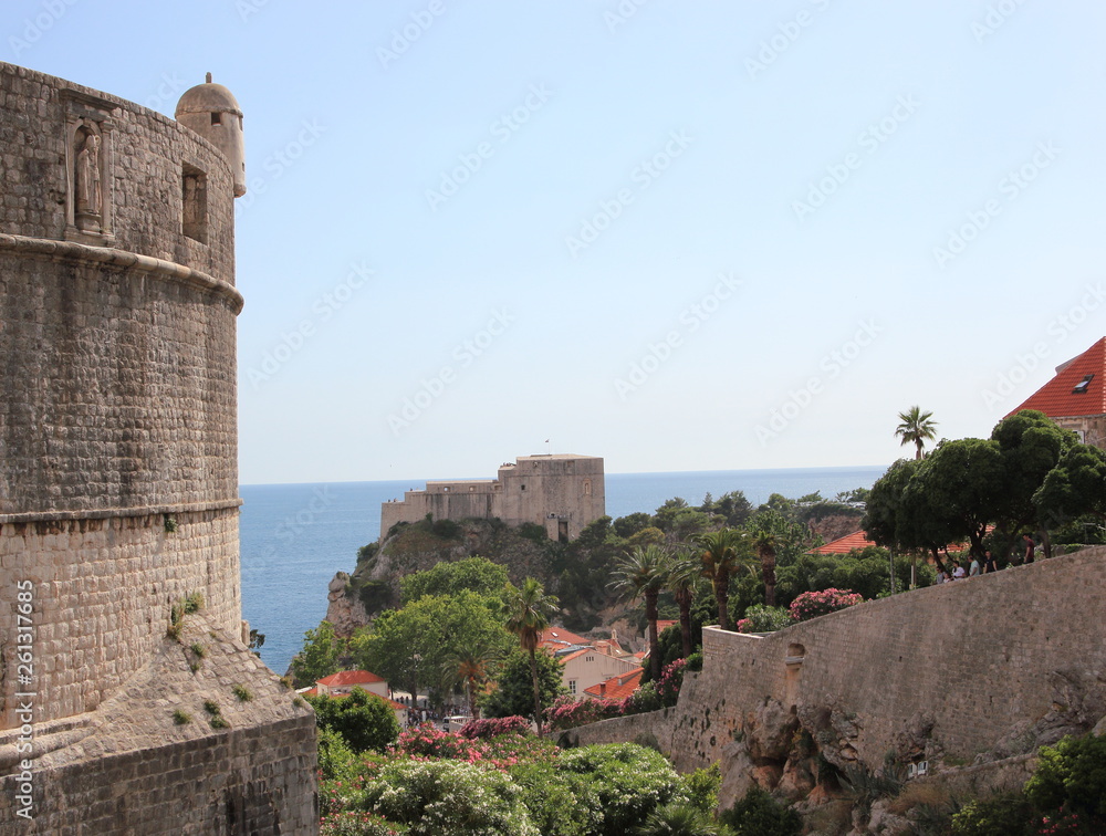 Dubrovnik Croatia, May 24 2018: Old town walls and fort Lovrijenac