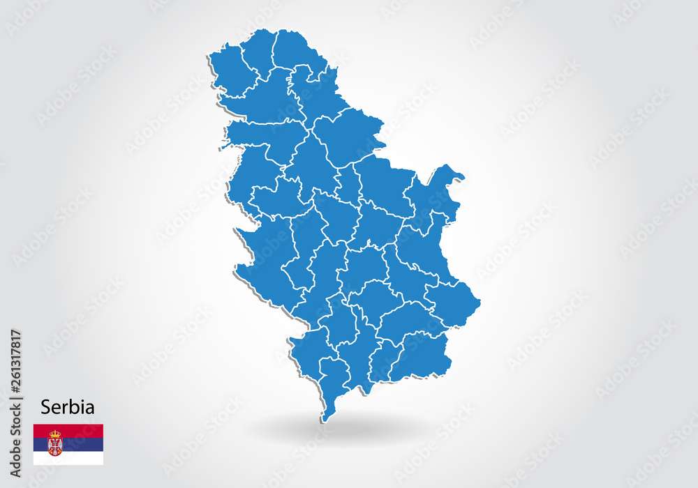 Serbia map design with 3D style. Blue Serbia map and National flag. Simple vector map with contour, shape, outline, on white.