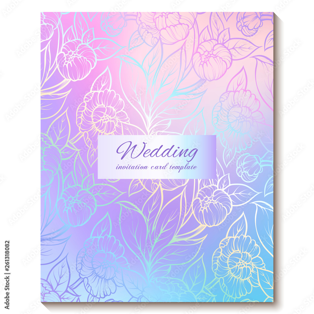 Colorful pastel blue violet pink soft floral bright invitation card with place for text. Abstract aquarelle magic cool colors hand drawn peony flowers design with blur texture background
