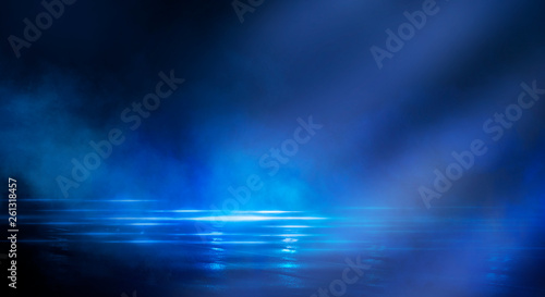 Dark empty scene, blue neon searchlight light, wet asphalt, smoke, night view, rays.