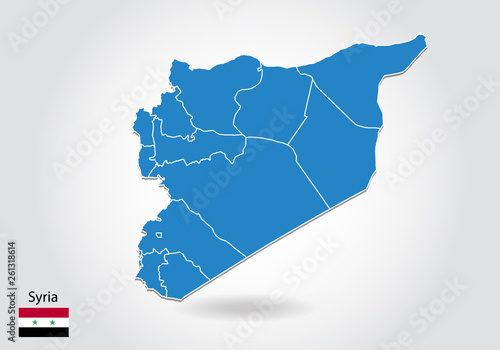 Syria map design with 3D style. Blue Syria map and National flag. Simple vector map with contour, shape, outline, on white.