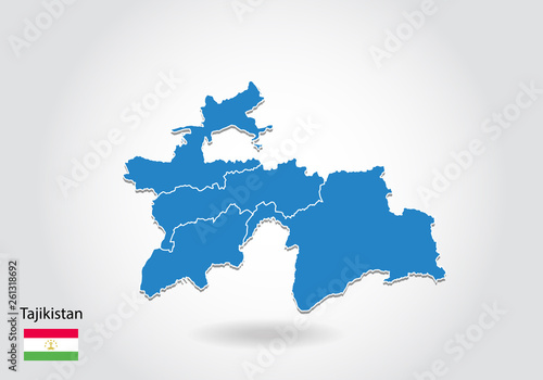 tajikistan map design with 3D style. Blue tajikistan map and National flag. Simple vector map with contour, shape, outline, on white.