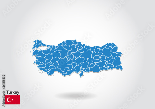 turkey map design with 3D style. Blue turkey map and National flag. Simple vector map with contour, shape, outline, on white.