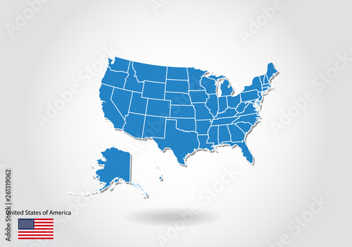 United States map design with 3D style. Blue usa map and National flag. Simple vector map with contour, shape, outline, on white.