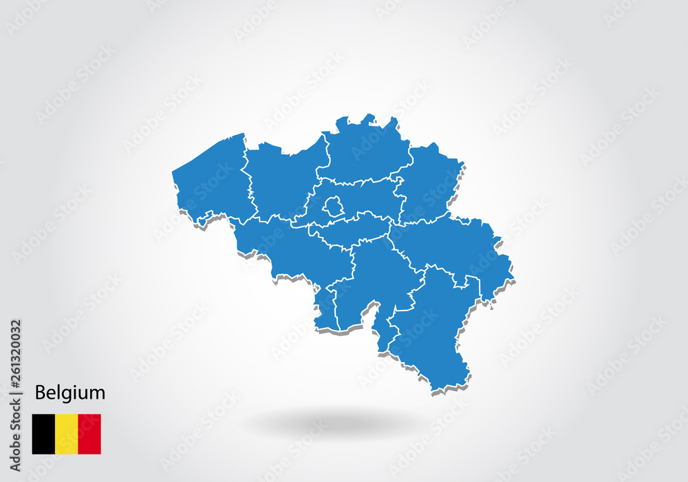 belgium map design with 3D style. Blue belgium map and National flag. Simple vector map with contour, shape, outline, on white.
