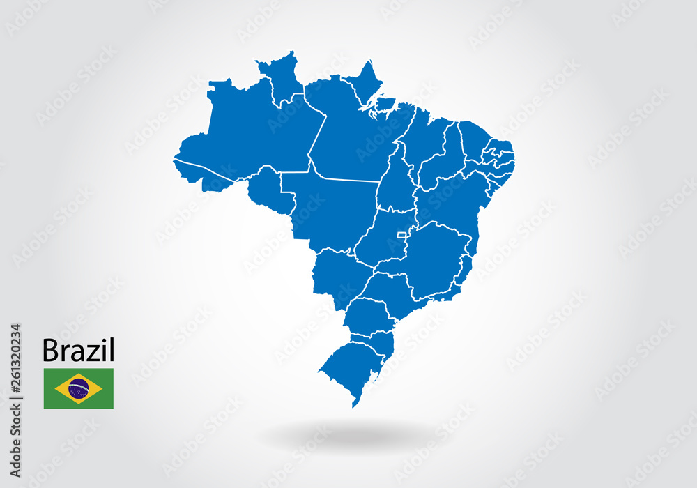 brazil map design with 3D style. Blue brazil map and National flag. Simple vector map with contour, shape, outline, on white.