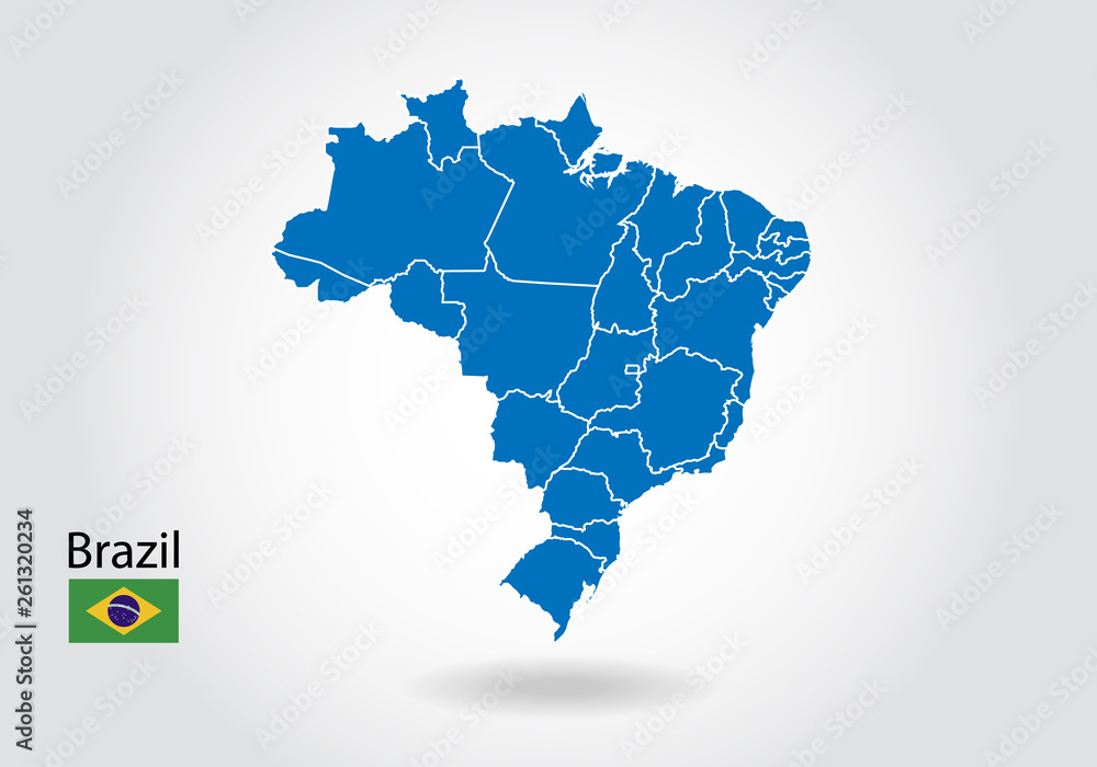 brazil map design with 3D style. Blue brazil map and National flag. Simple vector map with contour, shape, outline, on white. brazil map design with 3D style. Blue brazil map and National flag. Simple vector map with contour, shape, outline, on white.