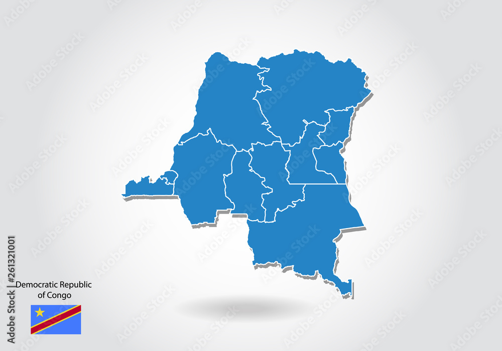 Democratic Republic of Congo map design with 3D style. Blue Republic of Congo map and National flag. Simple vector map with contour, shape, outline, on white.