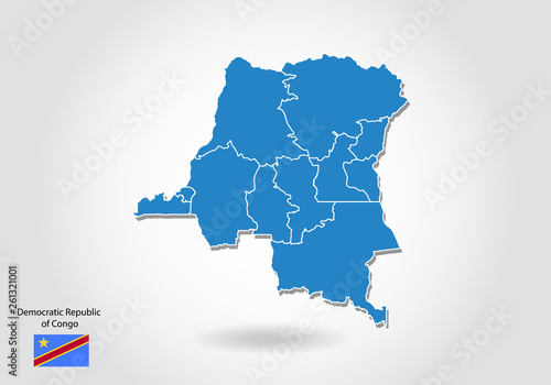 Democratic Republic of Congo map design with 3D style. Blue Republic of Congo map and National flag. Simple vector map with contour  shape  outline  on white.